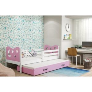 Łóżko podwójne wysuwane z szufladą i materacami MIKO 190x80cm, kolor biało-różowy