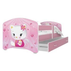 Łóżko z szufladą LUCKY 140x80cm grafika KITTY kolor różowy