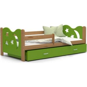 Łóżko z szufladą i barierką 190x80cm kolor olcha-zielony