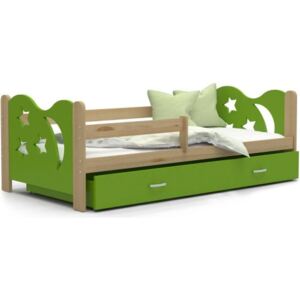 Łóżko z szufladą i barierką 190x80cm kolor sosna-zielony