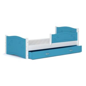 Łóżko z szufladą 190x80cm + barierka, kolor biało-niebieski