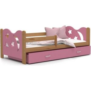 Łóżko z szufladą i barierką 190x80cm kolor olcha-różowy