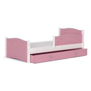 Łóżko z szufladą 190x80cm + barierka, kolor biało-różowy