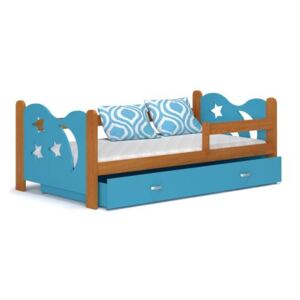 Łóżko z szufladą i barierką 190x80cm kolor olcha-niebieski