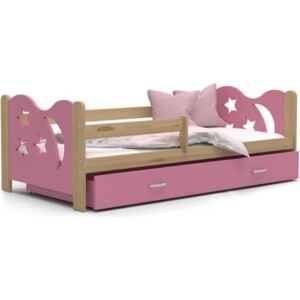 Łóżko z szufladą i barierką 190x80cm kolor sosna-różowy