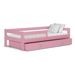Łóżko z szufladą i barierką 190x80cm kolor różowy