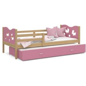Łóżko podwójne wysuwane z szufladą 200x90cm, kolor sosna-różowy