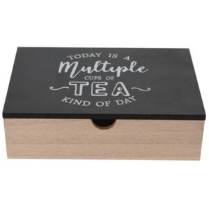 Pudełko na herbatę, drewniane, stylowy napis na pokrywie, 24 x 17 x 7 cm, czarne