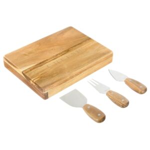 Drewniana deska do serwowania serów oraz zestaw trzech narzędzi do krojenia, idealny dla smakoszy