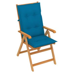 Krzesło ogrodowe z niebieskimi poduszkami, drewno tekowe