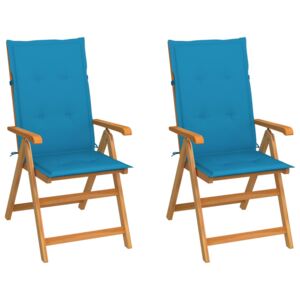 Krzesła ogrodowe z niebieskimi poduszkami, 2 szt., tekowe