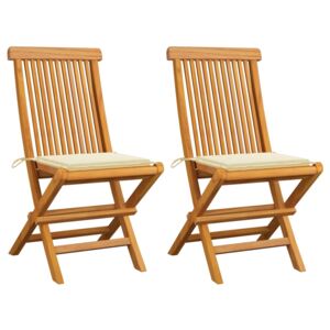 Krzesła ogrodowe z kremowymi poduszkami, 2 szt., drewno tekowe