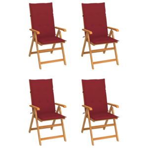Krzesła ogrodowe, 4 szt., winnoczerwone poduszki, drewno tekowe