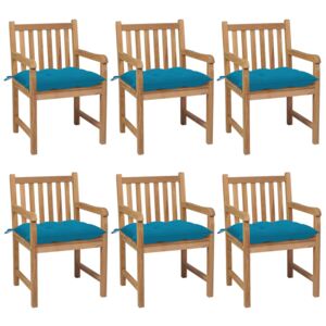 Krzesła ogrodowe z jasnoniebieskimi poduszkami, 6 szt., tekowe