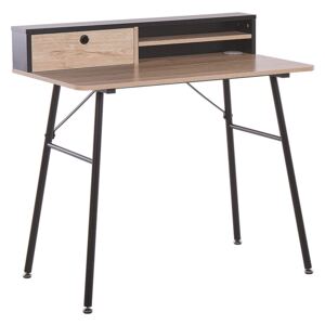 Biurko jasne drewno z czarnym metalowa rama 90 x 50 cm biurko komputerowe z połką i przegródką Beliani