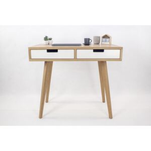 Designerskie biurko skandynawskie Lea z dwiema białymi szufladami, dębowe, drewniane, nowoczesne w stylu skandynawskim