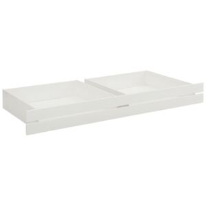 Sosnowa szuflada pod łóżko na kółkach, z białym frontem