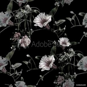 Fototapeta Akwarela obraz liść i kwiaty, bezszwowy wzór na ciemnym tle