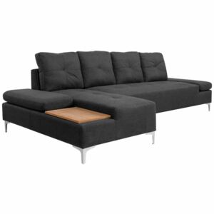 Sofa w kształcie L, ciemnoszara, taca drewniana, XXL, 300 cm
