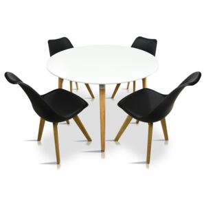 Zestaw Stół okrągły ⌀ 110 cm GIRONA BIAŁY NOGI BUKOWE + 4 krzesła FAVORITO PEPE - BLACK