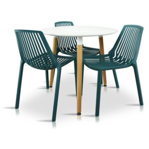 Zestaw Stół okrągły ⌀ 80 cm LUGO BIAŁY nogi bukowe + 3 krzesła BELT - BLUE