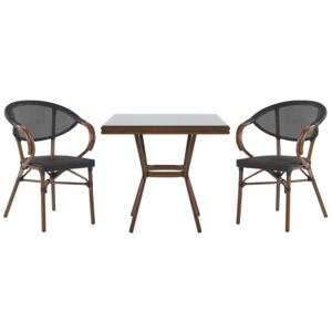 Zestaw ogrodowy stół i 2 krzesła czarne krzesła sztaplowane i stół z blatem ze szkła hartowanego