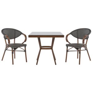 Zestaw ogrodowy stół i 2 krzesła szare krzesła sztaplowane i stół z blatem ze szkła hartowanego