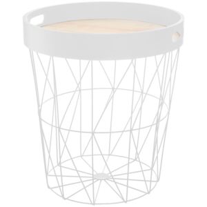 Stolik kawowy w kolorze białym ze zdejmowaną tacą i funkcjonalnym koszem do przechowywania rzeczy