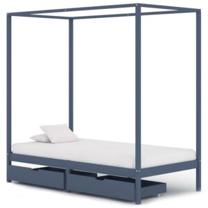 Rama łóżka z baldachimem, 2 szuflady, szara, sosna, 90x200 cm