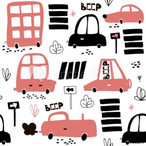 Fototapeta Wzór z ręcznie rysowane ładny samochód Kreskówka samochody, znak drogowy, ilustracja