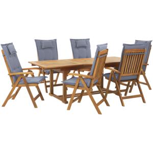 Zestaw jadalniany jasne drewno lite akacjowe 6 krzeseł rozkładanych składane niebieskie poduszki Beliani