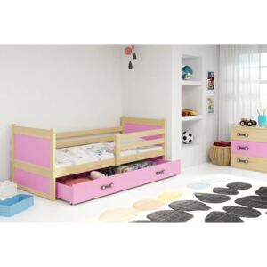 Łóżko z szufladą i materacem RICO 190x80cm, kolor sosna-różowy