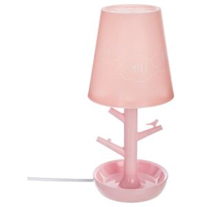 Lampka nocna różowa 32 cm z abażurem ozdobiona figurką ptaszka odpowiednia do sypialni