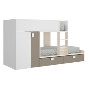 Łóżko piętrowe JUANITO – wbudowana szafa – 2 × 90 × 190 cm – kolor biały, dębowy i taupe