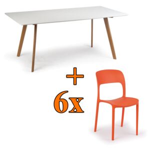 Stół do jadalni 180x90 + 6x krzesło plastikowe REFRESCO pomarańczowe