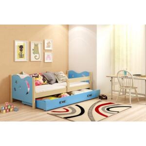 Łóżko z szufladą i materacem MIKO 190x80cm, kolor sosna-niebieski