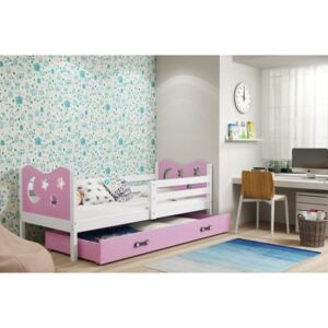 Łóżko z szufladą i materacem MIKO 190x80cm, kolor biało-różowy