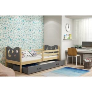 Łóżko z szufladą i materacem MIKO 190x80cm, kolor sosna-szary