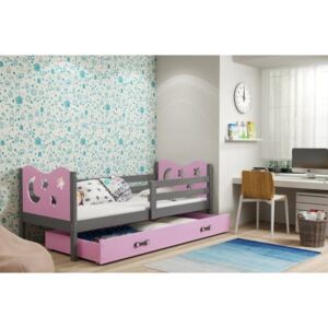 Łóżko z szufladą i materacem MIKO 190x80cm, kolor szaro-różowy