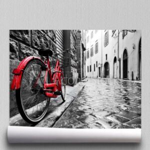 Fototapeta Retro rocznika czerwony rower na brukowiec ulicie w starym miasteczku Kolor w czerni
