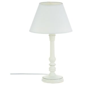 Lampa stojąca w stylu vintage z drewnianą podstawką, idealna na stolik nocny lub biurko