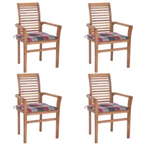 Krzesła stołowe, 4 szt., poduszki w czerwoną kratę, tekowe