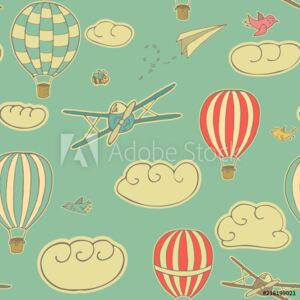 Fototapeta Vintage wzór, ilustracji wektorowych z balonów na ogrzane powietrze, samoloty i