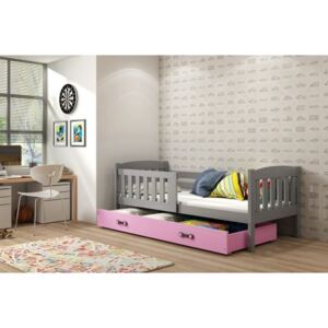 Łóżko z szufladą i materacem KUBUŚ 160x80cm, kolor szaro-różowy