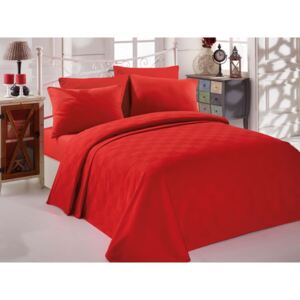 Zestaw czerwonej bawełnianej narzuty dwuosobowej, prześcieradła i poszewki na poduszkę EnLora Home InColor Red, 160x235 cm