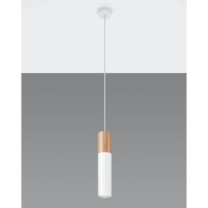 Lampa Wisząca PABLO 1 biała stal i naturalne drewno lampa tuba sufitowa Gu10 LED SOLLUX LIGHTING