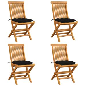 Krzesła ogrodowe, czarne poduszki, 4 szt., lite drewno tekowe