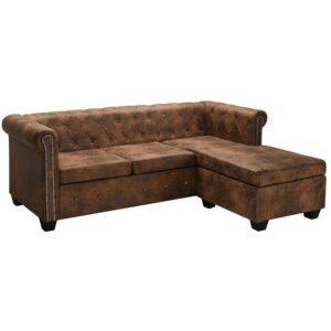 Sofa narożna w stylu Chesterfield, sztuczny zamsz, brązowa