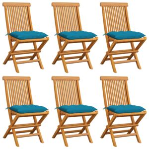 Krzesła ogrodowe, jasnoniebieskie poduszki, 6 szt., tekowe