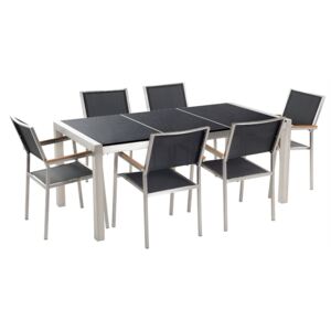 Stół granitowy czarny polerowany 180 cm z 6 czarnymi krzesłami - GROSSETO